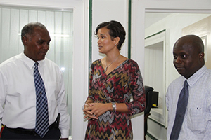 (L-R) Premier of Nevis and Minister of Education Hon. Vance Amory, Head of the UWI Open Campus in the Federation Mrs. Susan Sarah Owen and Permanent Secretary in the Premier’s Ministry Wakely Daniel following a meeting at Bath Plain on August 26, 2014